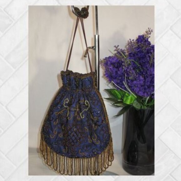 Vintage Beaded Evening Bag  Navy w/Gold Thread and Multi-Color Seed Beads  EUC - Picture 7 of 8